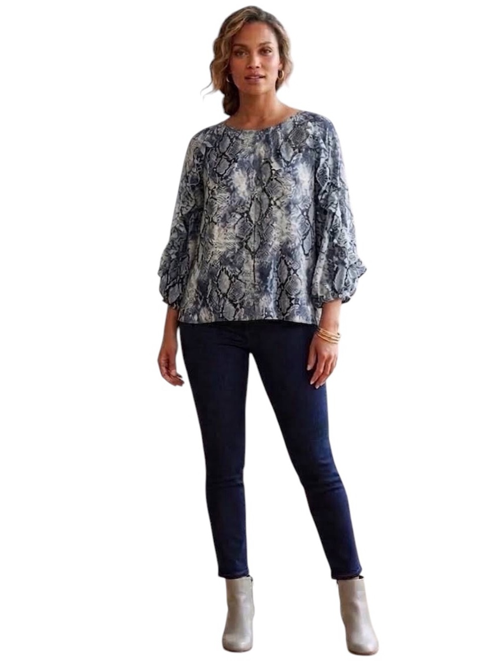 Vince Camuto Blue Snakeskin Print Ruffle Balloon Sleeve Blouse Top NWT Size XL